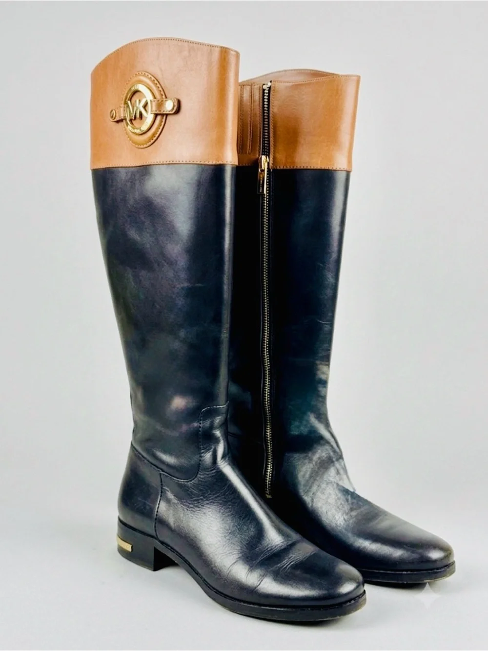 Michael Kors Two-Tone Black Brown Leather Riding Boots Size 8.5 (17.5